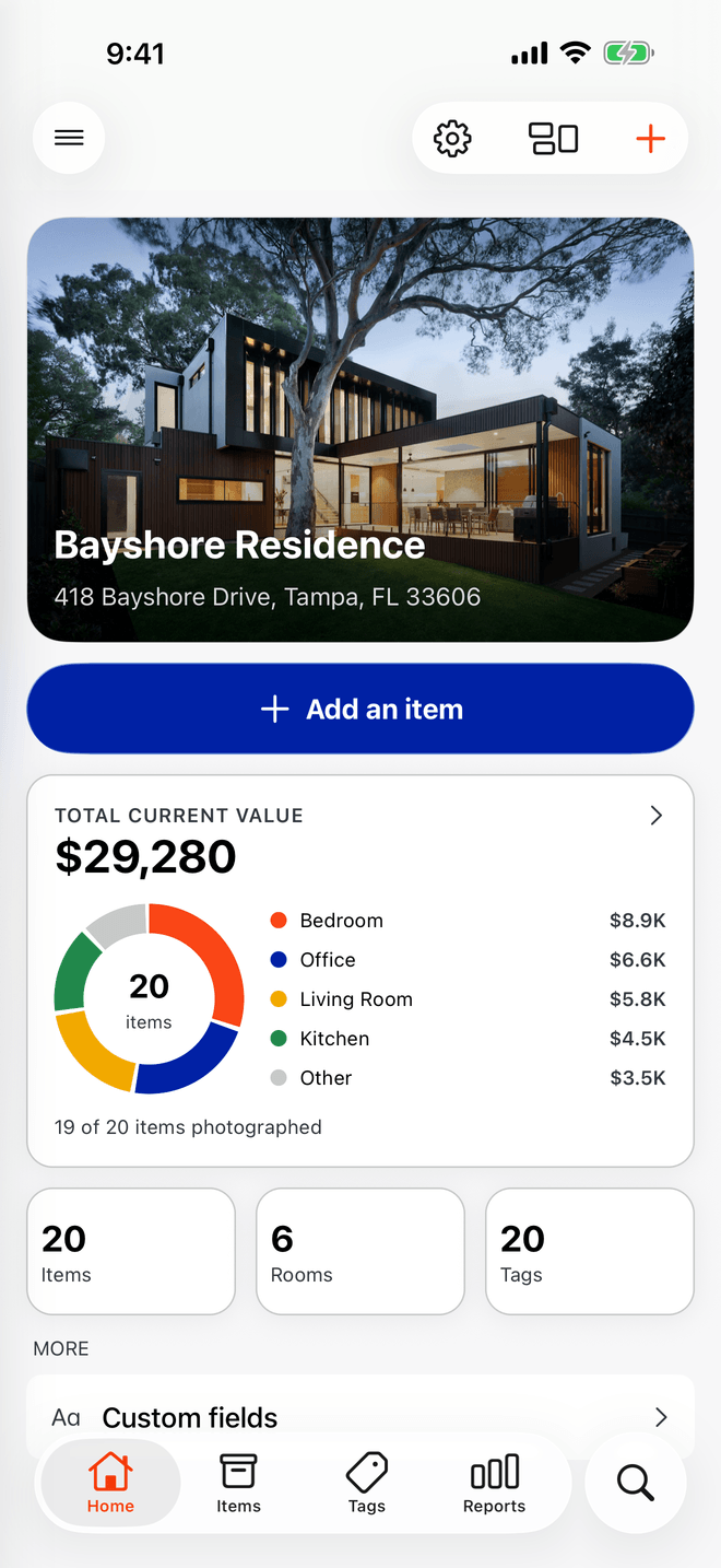 Itemized Home dashboard showing total inventory value and a breakdown by room