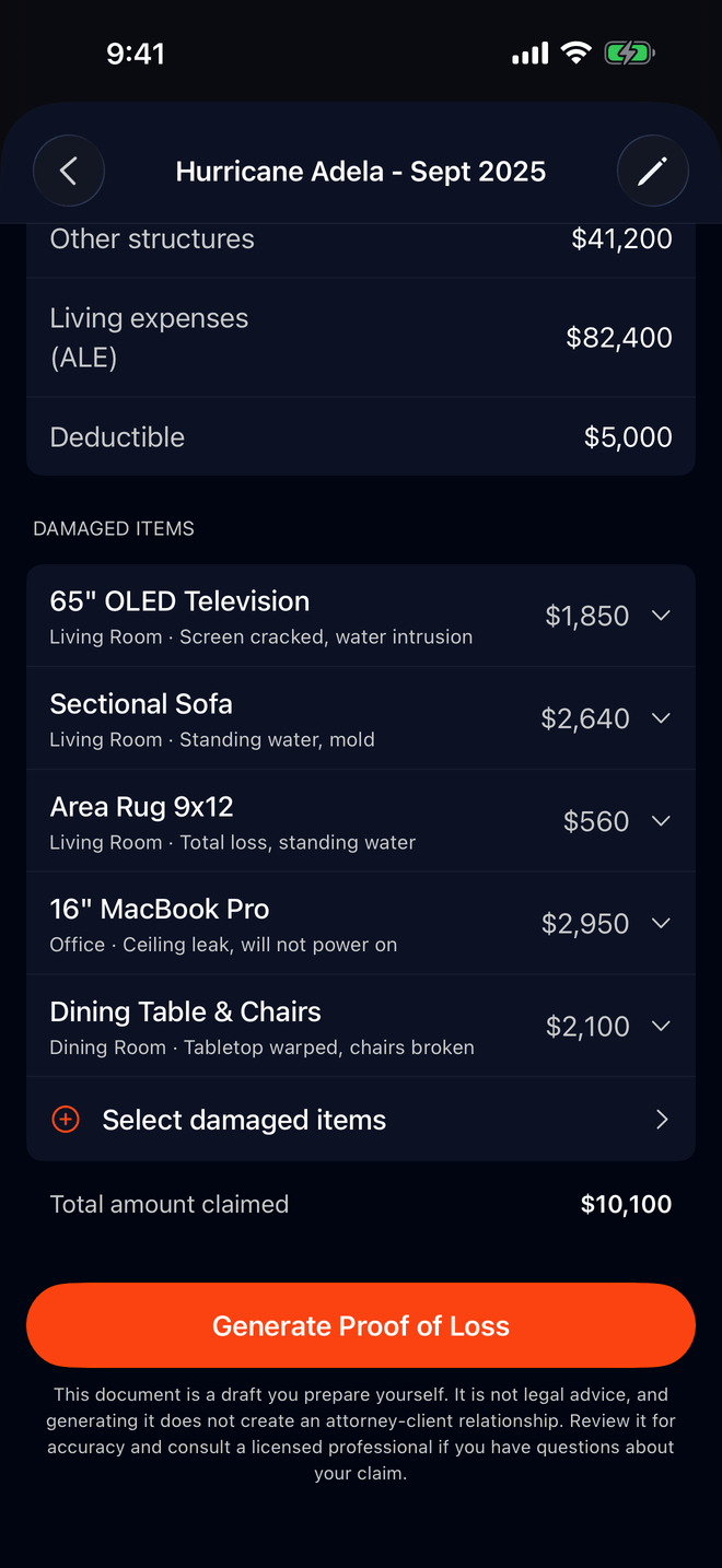 Claim detail screen with damaged items selected for a Proof of Loss