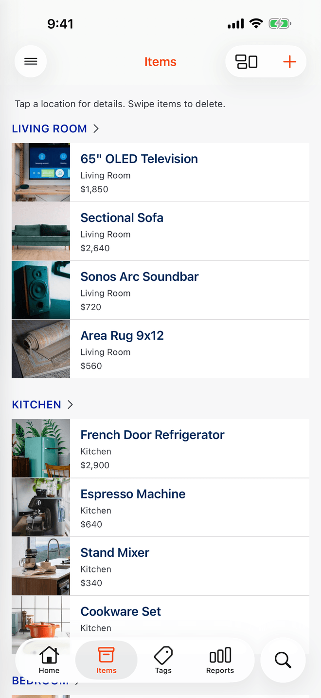 Inventory list of items grouped by room