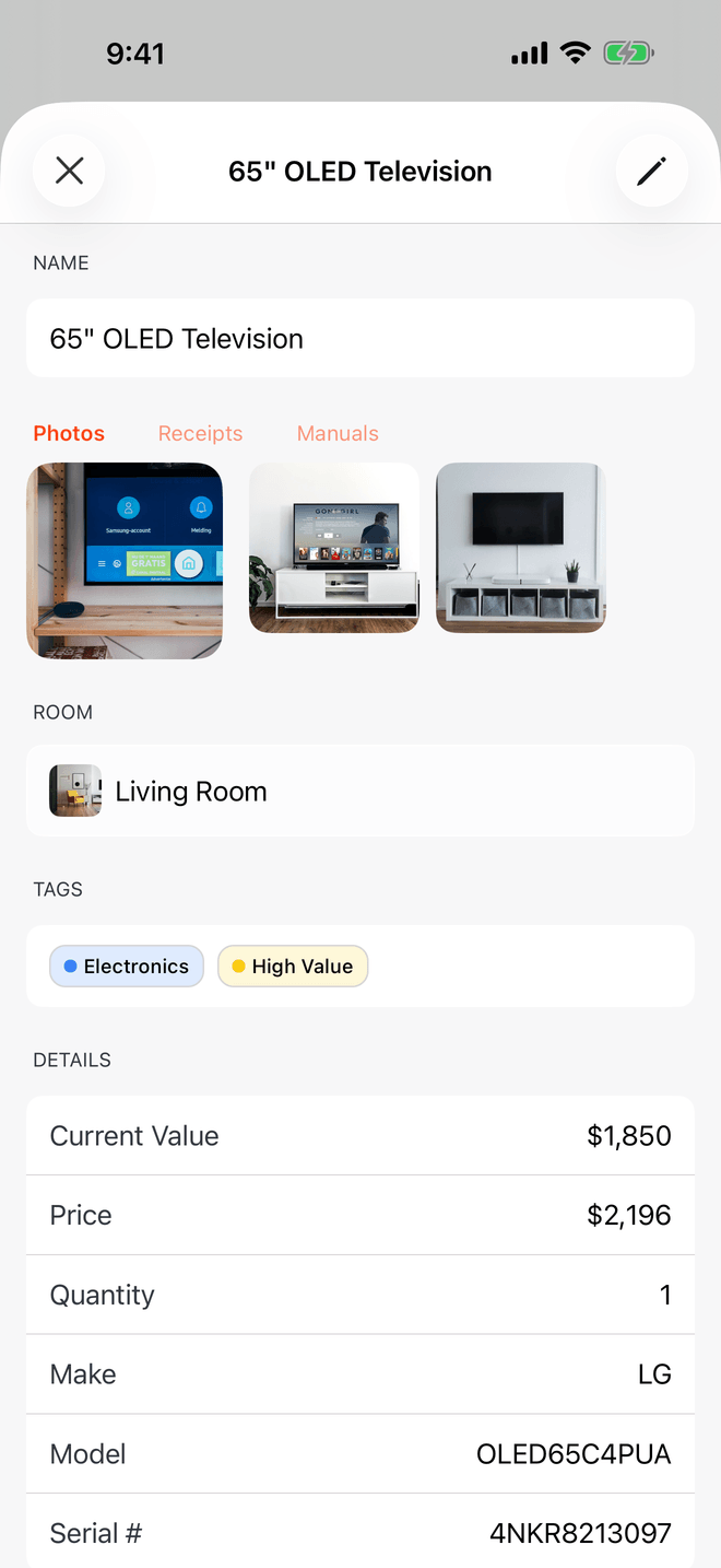 Item detail screen with photo gallery, make, model, and serial number