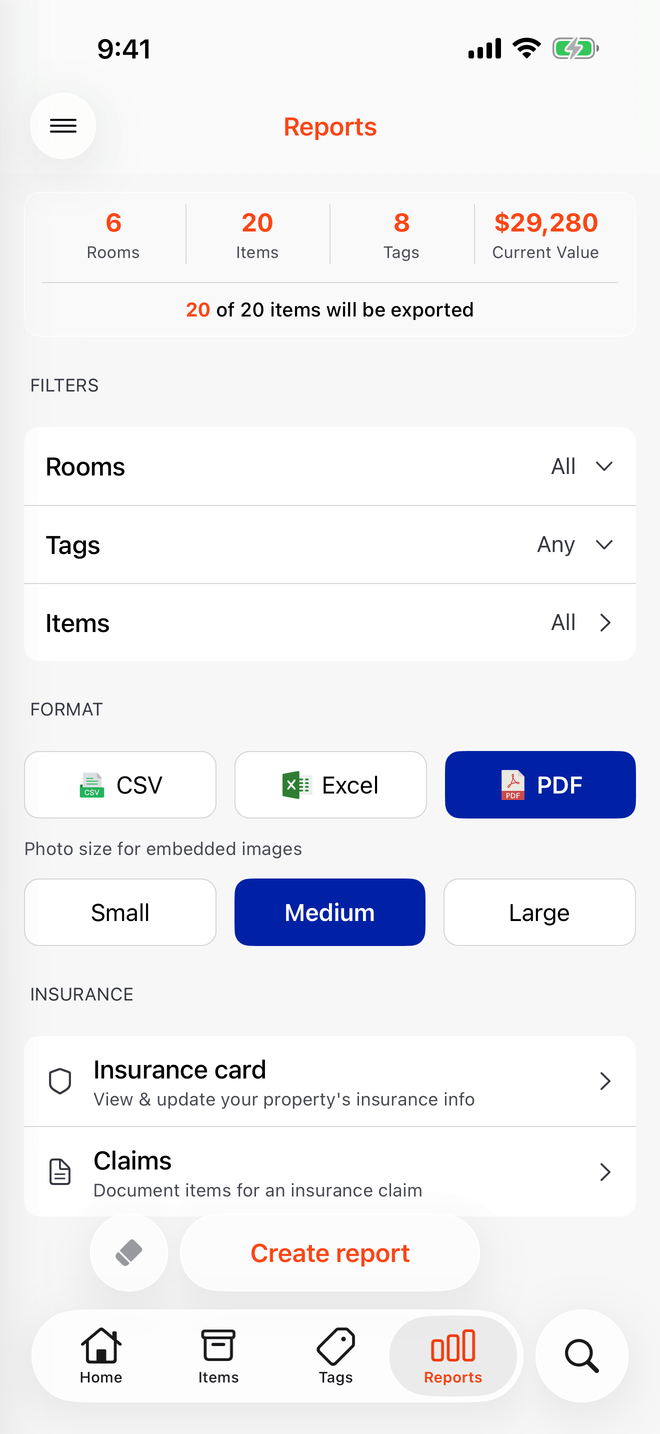 Reports screen with CSV, Excel, and PDF export options